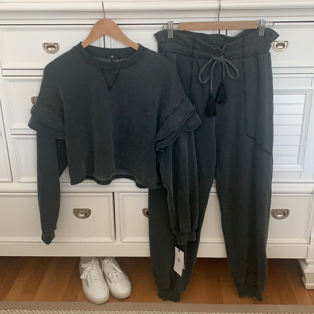 🥰 Lounge Set Ruffle Crop High Waist Jogger 7forallmankind - Picture 3 of 11